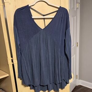MTS Blue Pleated Long Sleeve Blouse